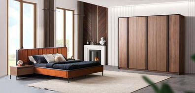 Luxus Schlafzimmer Set Bett + 2x Nachttische Modern Kleiderschrank Holz Neu