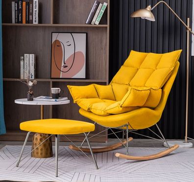 Sessel mit Hocker Design Luxus Textil Sitz Garnitur Wohnzimmer Gelb