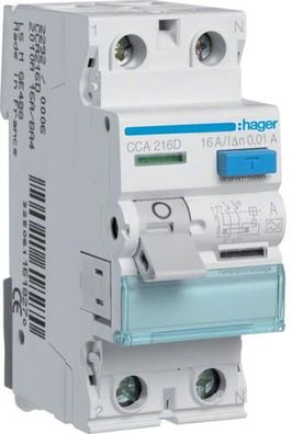Hager CCA216D Fehlerstromschutzschalter 2-Polig, 6kA, 16A, 10mA, Typ A