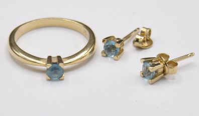 Aquamarin Topas Set Ohrringe Ohrstecker Ring 585 Gold Neu wertig
