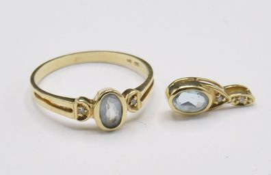 Aquamarin Topas Diamant Set Ring Anhänger 585 Gold Vintage
