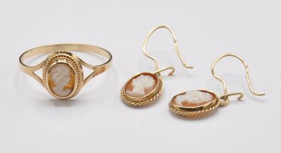 Gemme Kamee Handarbeit Set Ring Ohrringe Drop 585 Gold Antik
