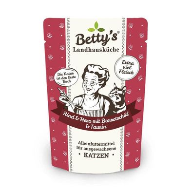 Betty's Pouch Beutel Katzenfutter Rind mit Herz und Borretschöl 12x100g