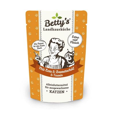 Betty's Pouch Beutel Katzenfutter Ente mit Geflügel und Borretschöl 12x100g