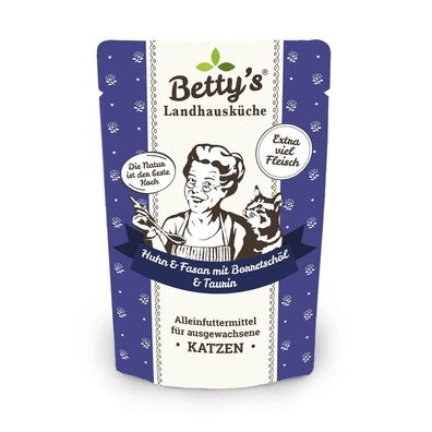 Betty's Pouch Beutel Katzenfutter Huhn mit Fasan und Borretschöl 12 x 100g