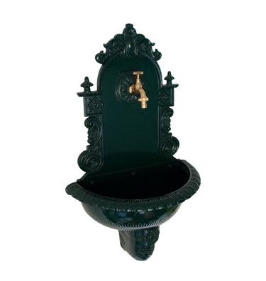 Wandbrunnen Antik-Look aus Aluguss in Dunkelgrün mit Wasserkran