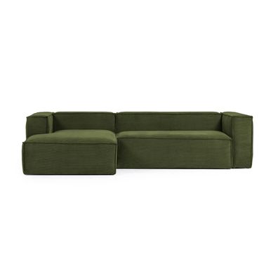 Sofa Blok 3-Sitzer Longchair links dicker Cord grün 300 cm