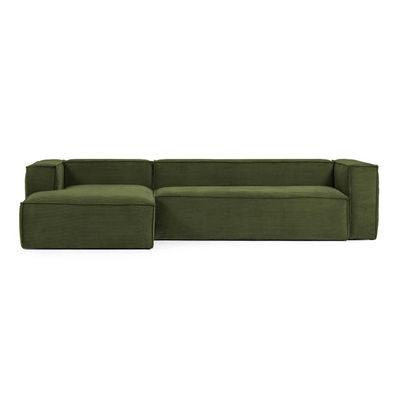 Sofa Blok 3-Sitzer Longchair links dicker Cord grün 330 cm