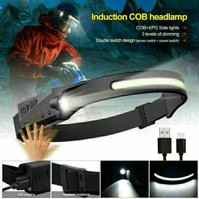Stirnlampe Kopflampe LED COB Angelnlampe USB Joggen Stirn Lampe Scheinwerfer Neu