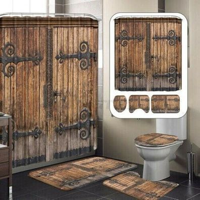 4pcs Retro Holz Oor Badezimmer Set Duschvorhang Toilettensitz Deckel