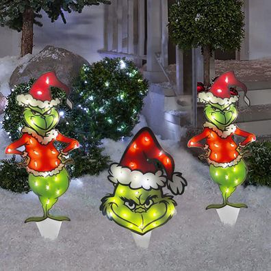 3x Weihnachten LED Licht Up Grinch Figur im Freien Xmas Ornamente DE