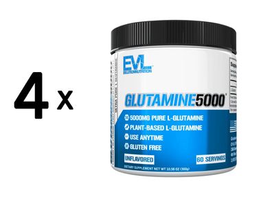 4 x EVL Nutrition Glutamine 5000 (300g) Unflavoured