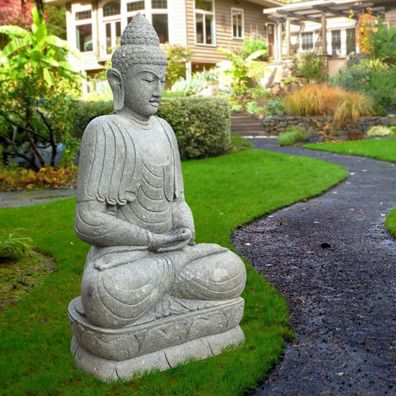Basanit Skulptur Sitzender Buddha Morena - Höhe x Tiefe x Breite: 100 x 70 x 60 cm