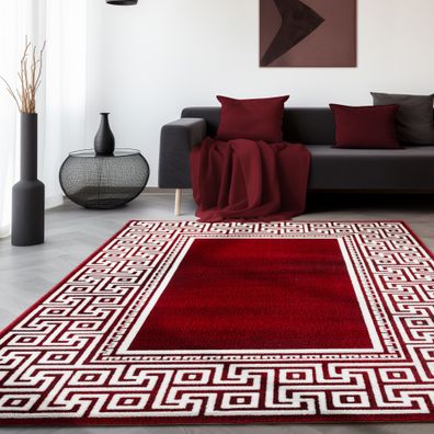 Kurzflor Teppich Wohnzimmer-Teppich Griechiches Muster Bordüre Rot Meliert