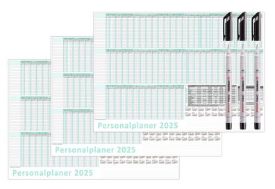 3x Urlaubsplaner DIN B2 2025 abwischbar + 3 Folienstifte Personalplaner 50x70cm