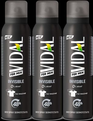 Vidal Invisible for Men Deodorant Spray 3x150ml 48h