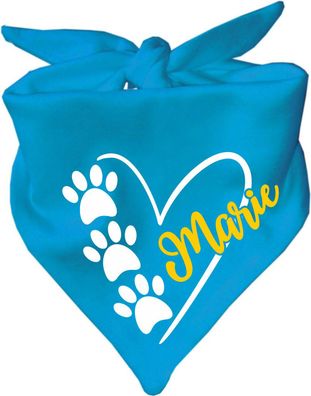 Dreieck Hundehalstuch personalisiert mit Namen und dem Design Herz mit drei Pfoten