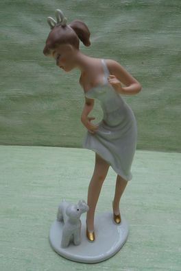 Weimar Porzellan Figur Frau Hund Pudel weiß-gold ca 24cm