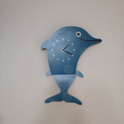 Wanduhr Kinderuhr Delfin Holz 38,5cm blau Uhr