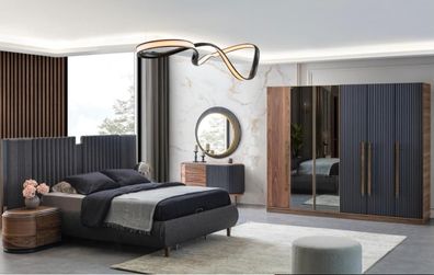 Schwarz-Beige Schlafzimmer Garnitur Designer Doppelbett 2x Nachttische