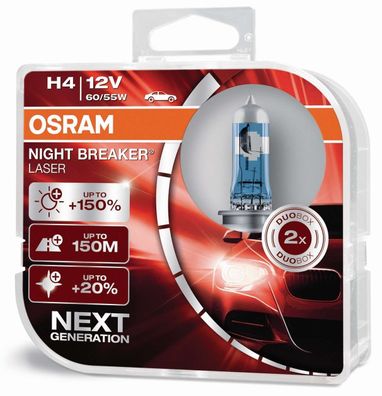 OSRAM H4 12V 60/55W P43t NIGHT Breaker® LASER + 150% mehr Helligkeit 2 St.