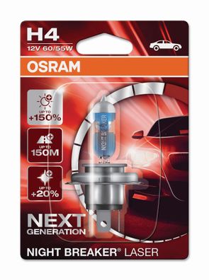 OSRAM H4 12V 60/55W P43t NIGHT Breaker® LASER + 150% mehr Helligkeit 1 st. Blister
