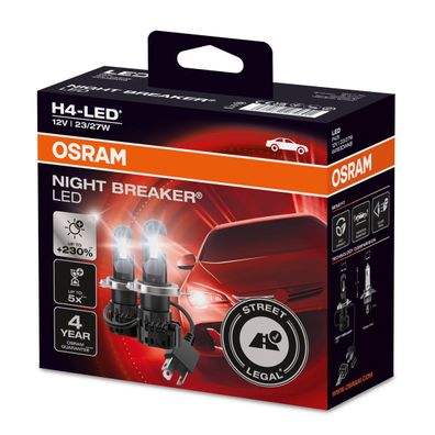 OSRAM H4 NIGHT Breaker LED StVZO-Konforme LED-Nachrüstlampe + 230% mehr Licht 2St