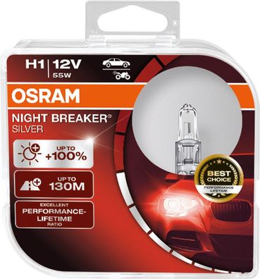 OSRAM H1 12V 55W P14.5s NIGHT Breaker® SILVER + 100% 2 St.