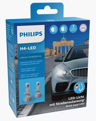 Philips H4 12V 18W P43t Ultinon Pro6000 LED 5800K mit Straßenzulassung 2St.