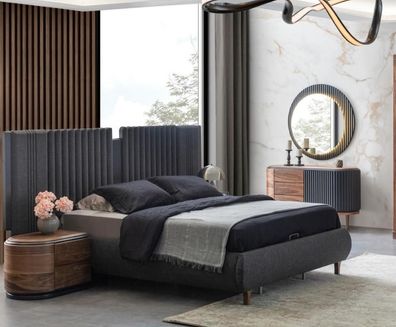 Moderne Graue Schlafzimmer Garnitur Textilbett Holz Nachttische Kommode