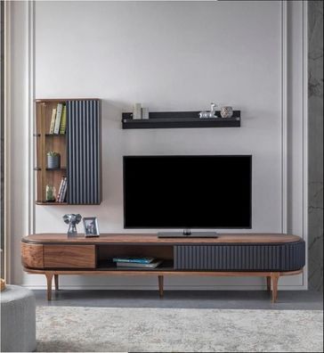 Modernes Wohnzimmer Set Luxus Brauner TV-Schrank Wandschrank Regale