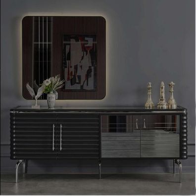 Stilvolle Esszimmer Garnitur Luxus Schwarzes Sideboard Spiegel Holzmöbel