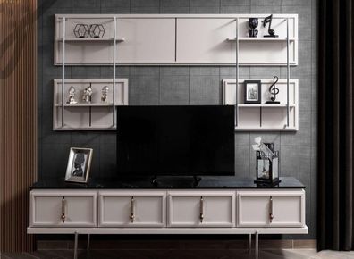 Weiße Wohnzimmer Wandgarnitur TV-Schrank Luxus Hängeregal 3tlg Set Neu
