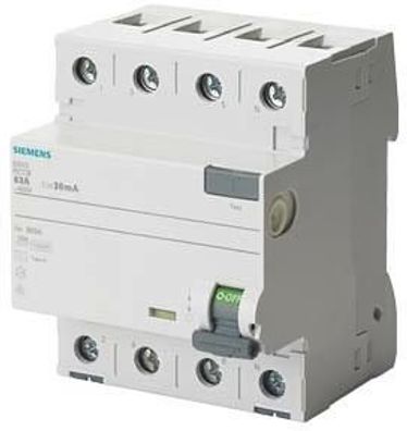 Siemens 5SV3346-6KL FI-Schutzschalter, 4-polig, Typ A, 63A, 30mA, 400 V, N-l...