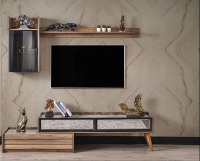 Moderne Wohnwand Designer Holz TV-Schrank Luxus Wandschrank Regal 3tlg