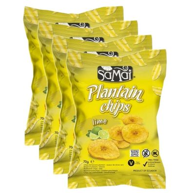 4x 70 g Plantain Kochbananenchips Chips Lime gesalzen Bananenchips glutenfrei