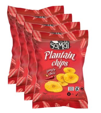 4x 75 g Plantain Kochbananenchips Chips leicht gesalzen Bananenchips mit Chili