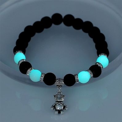 Armband Lavastein Schwarz mit blau leuchtenden Steinen Teddybär