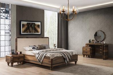 Klassisches Schlafzimmer Set Luxus Braunes Bett Nachttische Schminktisch
