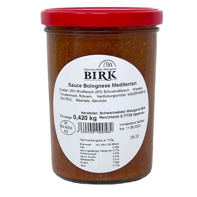 Schwarzwälder Metzgerei Birk Fertiggericht Sauce Bolognese Mediterran 420 Gramm