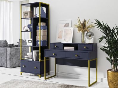 Büro Möbel, Wohnzimmer-Set Schreibtisch mit Bücherregal Farbe dunkelblau Gold