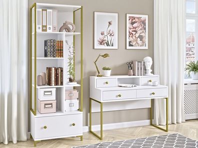 Büro Möbel, Wohnzimmer-Set Schreibtisch mit Bücherregal Farbe weiß Gold Angebot