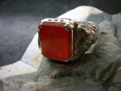 Freimaurer Ring 835 Silber Zirkel und Winkel mit Karneol Stein
