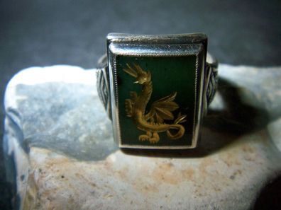 Art-De Co –Drachen- Jade-Stein-Lindwurm-Silber-Siegel-Ring