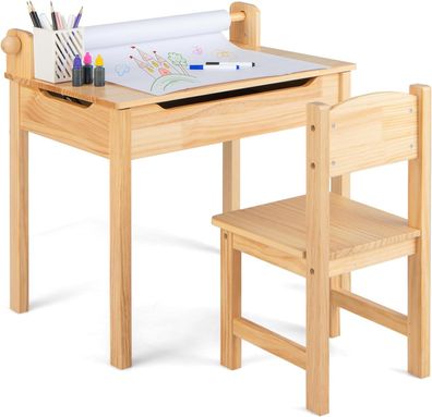 Kinderschreibtisch mit Stuhl, Kindertisch-Set mit klappbarer Tischplatte, Natur