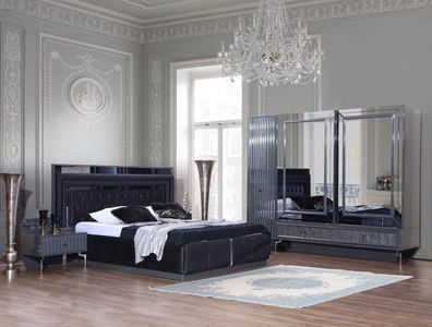 Schwarzes Schlafzimmer Set Luxus Garnitur Bett 2x Nachttische Schrank