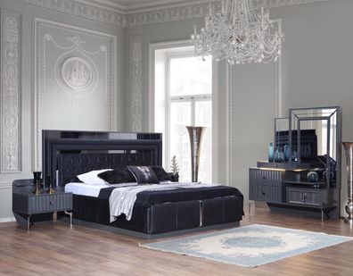 Komplettes Schwarzes Schlafzimmer Set Luxus Doppelbett Nachttische 4tlg