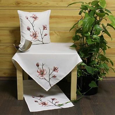 Frühling Tischdecke Tischläufer Kissenhülle Decke Kissen Stickerei Rosa Magnolie
