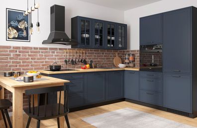 Beispiel L-Form Küche erweiterbar blau matt schwarz