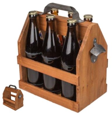 Holz Flaschenhalter / Flaschenträger für 6 Flaschen a 0,5 l mit Metall Flaschenöffner
